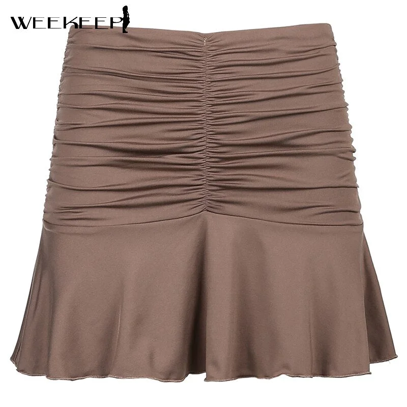 Weekeep Summer Ruched Pleated Skirt Women High Waist Fashion 90s Mini Skirts Lady Elegant New Beach Streetwear Clothes