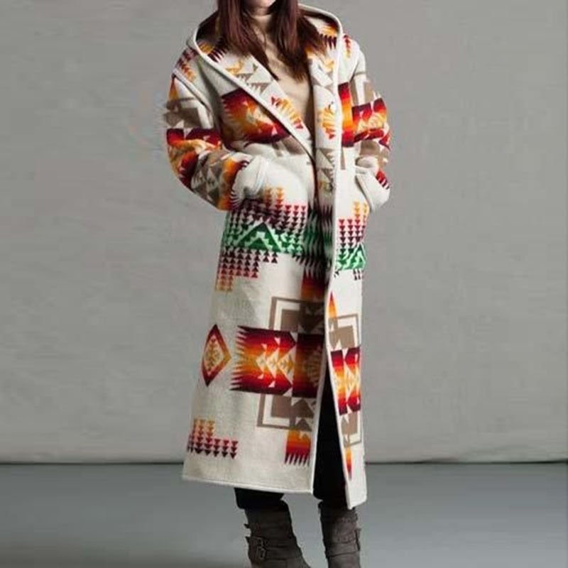 vintage ethnic print long hooded coat