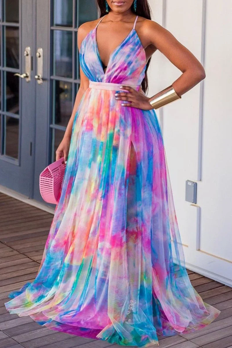 Fashion Sexy Print Tie Dye Backless V Neck Sling Dress