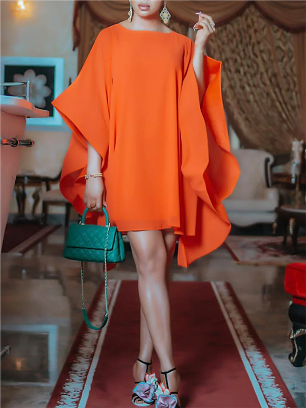 Batwing Sleeves Loose Solid Color RoundNeck Mini Dresses