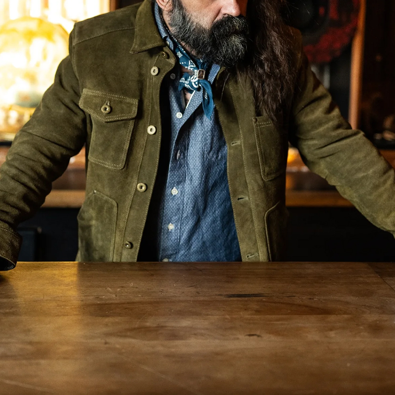 Men's Vintage Olive Green Suede Long Sleeve Shirt