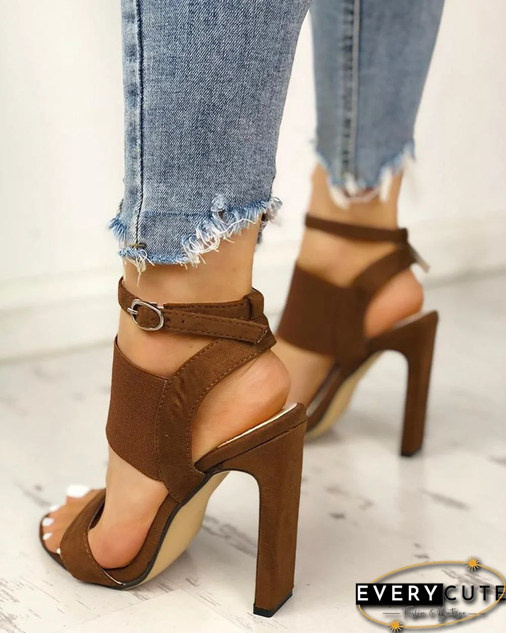 Open Toe Elastic Strap Heeled Sandals