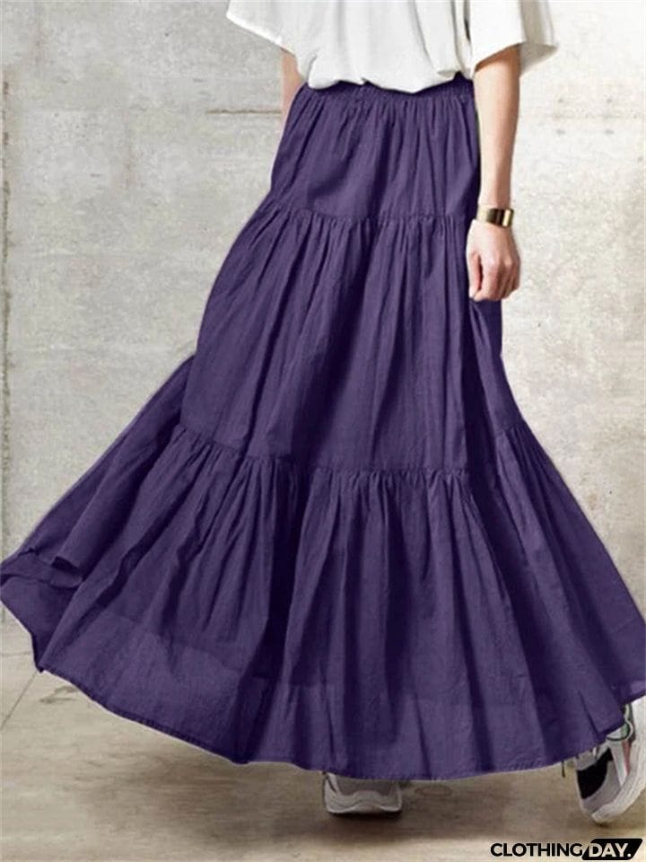 Women's Vintage Casual Elastic Waist Ruffle Long Skirts