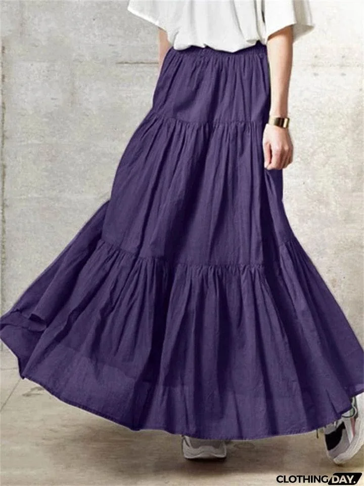 Women's Vintage Casual Elastic Waist Ruffle Long Skirts
