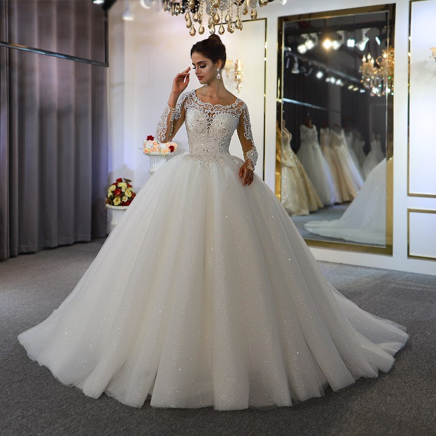 Daisda Gorgeous A-Line Bateau Long Sleeves Floor-length Wedding Dress With Appliques Lace Sequins