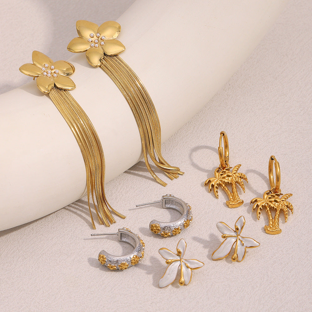 Stainless Steel 18K Gold Plated Oil Dripping Tassel Flower Earrings Coconut Tree Earrings For Women