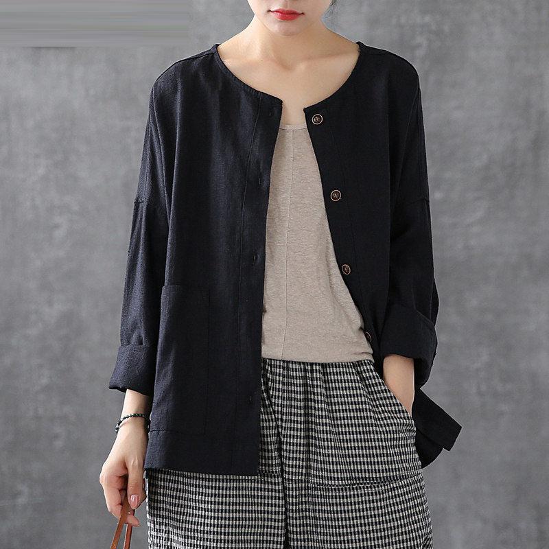 Long Sleeve Loose O-neck Big Pockets cotton linen Casual Blouses