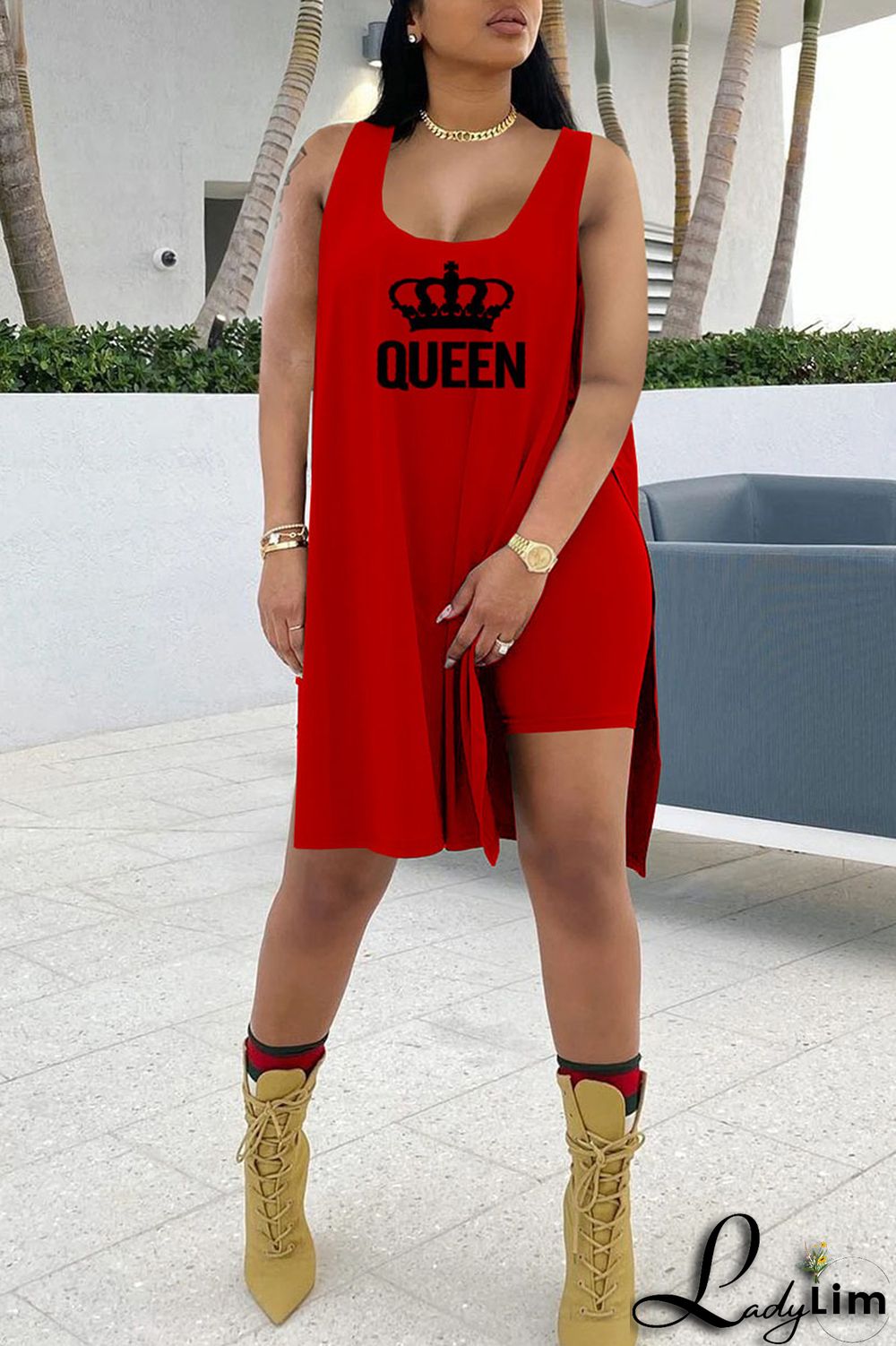 Royal Blue Casual Print Split Joint Slit U Neck Sleeveless Two Pieces