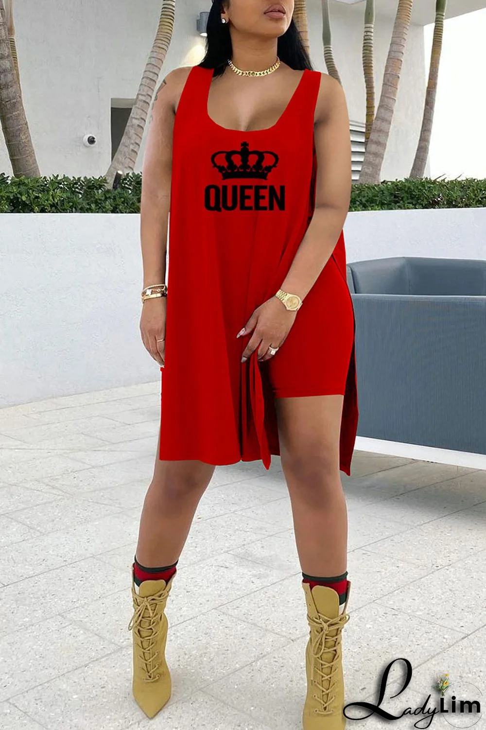 Royal Blue Casual Print Split Joint Slit U Neck Sleeveless Two Pieces