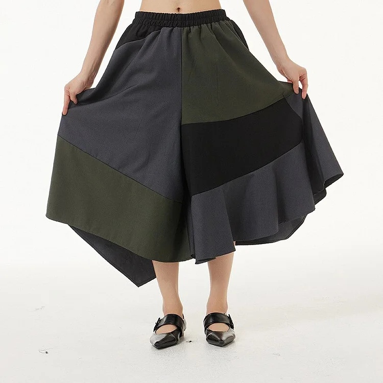 3.31Fashion Elastic Waist Color-block Patchwork Irregular Hem Skirt