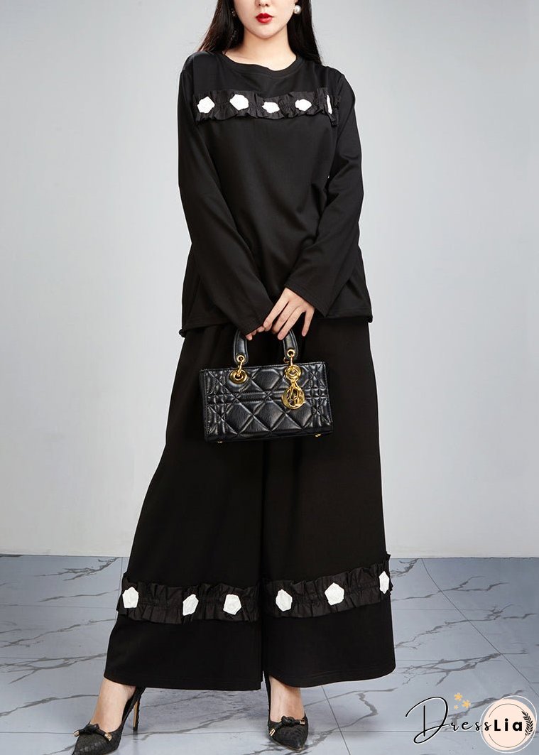 Loose Black Pockets Tops And Wide Leg Pants Cotton Two-Piece Set Fall