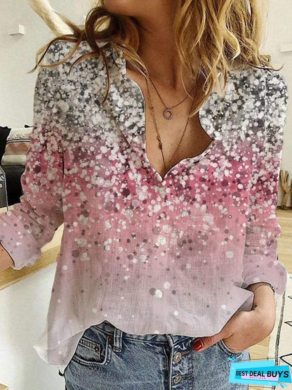 Printed Shirt Collar Holiday Long Sleeve Blouse