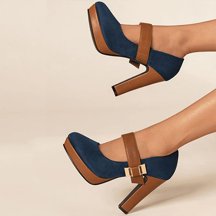 Navy Velvet   Mary Jane Platform Pumps with Chunky Heel Vdcoo