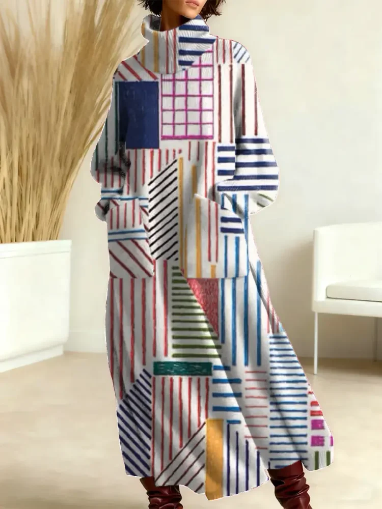 Women's Geometric Pattern Art Print Casual Cotton Knitted Dress