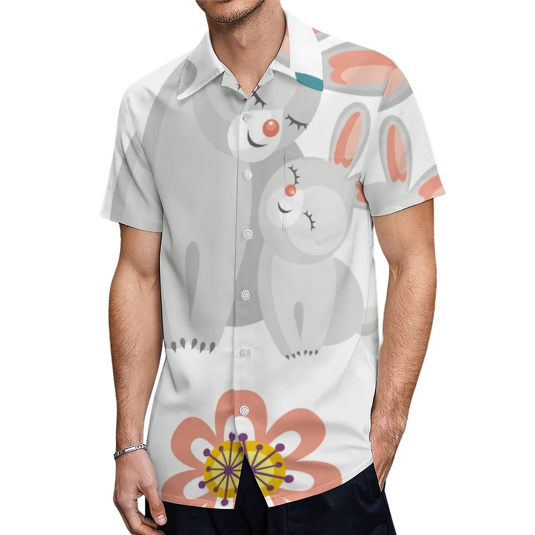Short Sleeve Rabbit Mother And Bunny Flowers Hawaiian Shirt Mens Button Down Plus Size Tropical Hawaii Beach Shirts