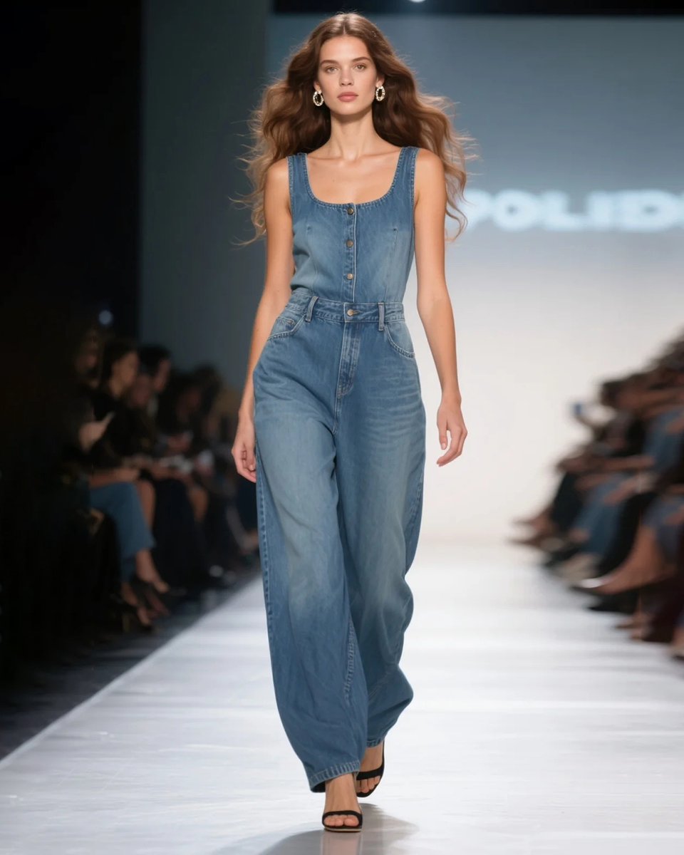 Women's Fashion Elegant Square Neck Sleeveless High Waist Denim Jumpsuit