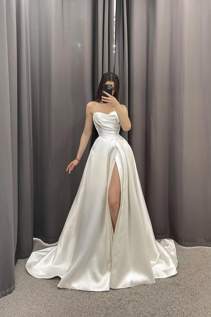 Simple White Satin Sleeveless Strapless Long Pleated Wedding Dress with Split | MS0451  