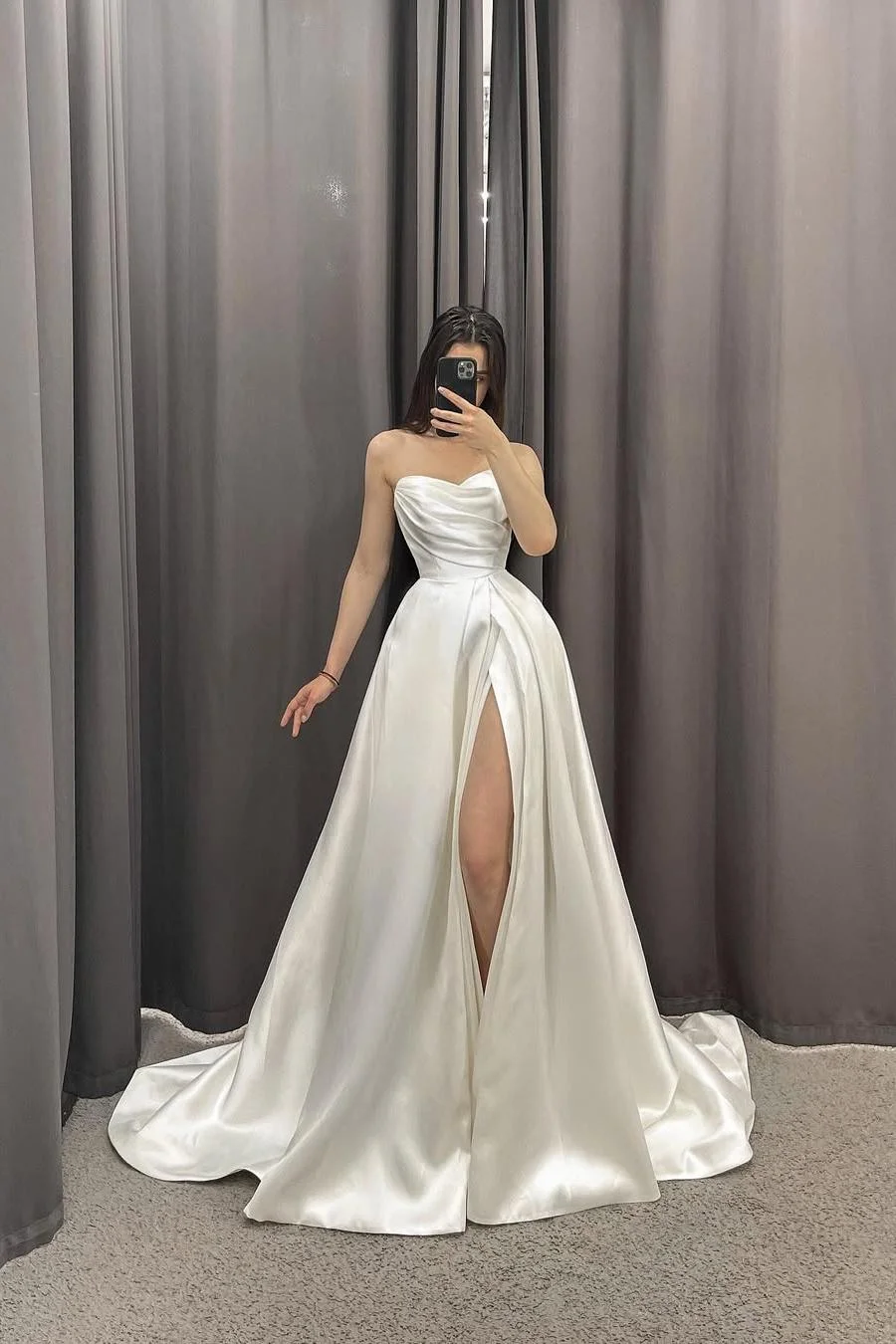 Miabel Simple White Satin  Strapless Sleeveless Long Pleated Wedding Dress with Split 