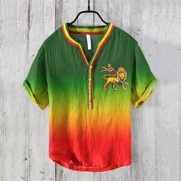 Retro Reggae Lion Gradient Art Print V Neck Casual Linen Blend Shirt
