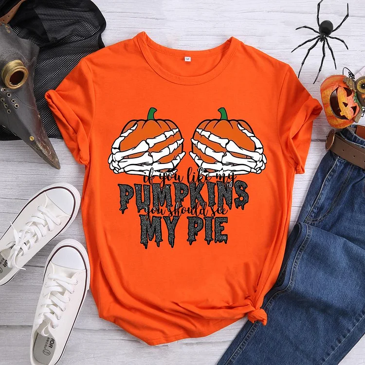 Skeleton Pumpkin Pie Round Neck T-shirt-0018592