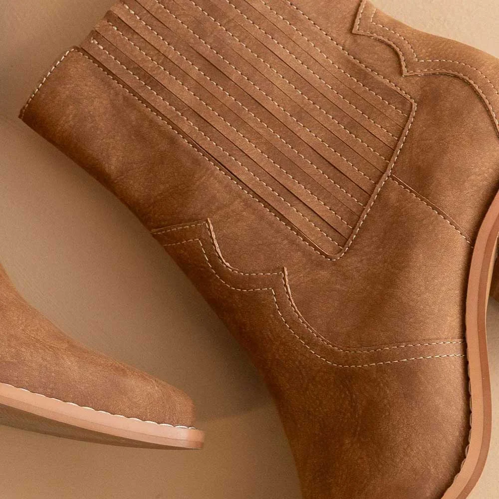 Brown Pointed Toe Chunky Heel Embroidered Chelsea Boots Women