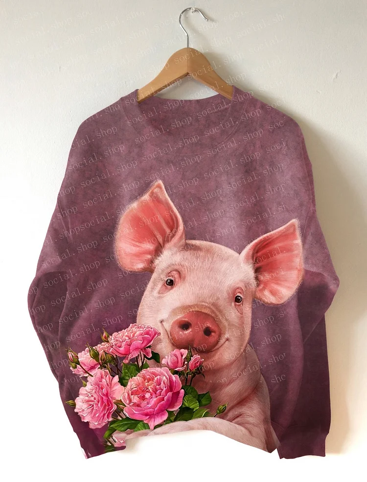 Women's Crew Neck Pig Print Pullover socialshop