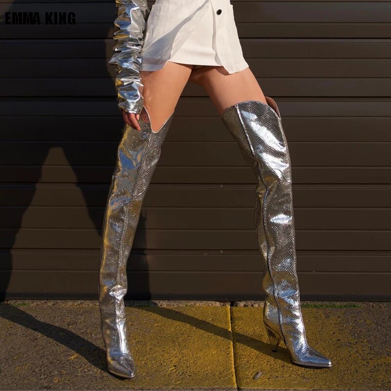 Big Size 44 Woman Sliver Bling Bling Boots Pointed Toe Stiletto Spike Heels Over The Knee Boots Thigh High Long Boots