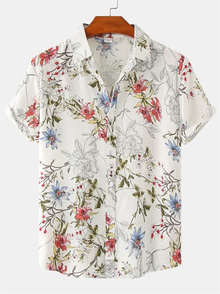 Summer New Floral Print Men's Casual Lapel Shirt Short-sleeved Floral Shirt Slim-type Men's Clothing-Cosfine