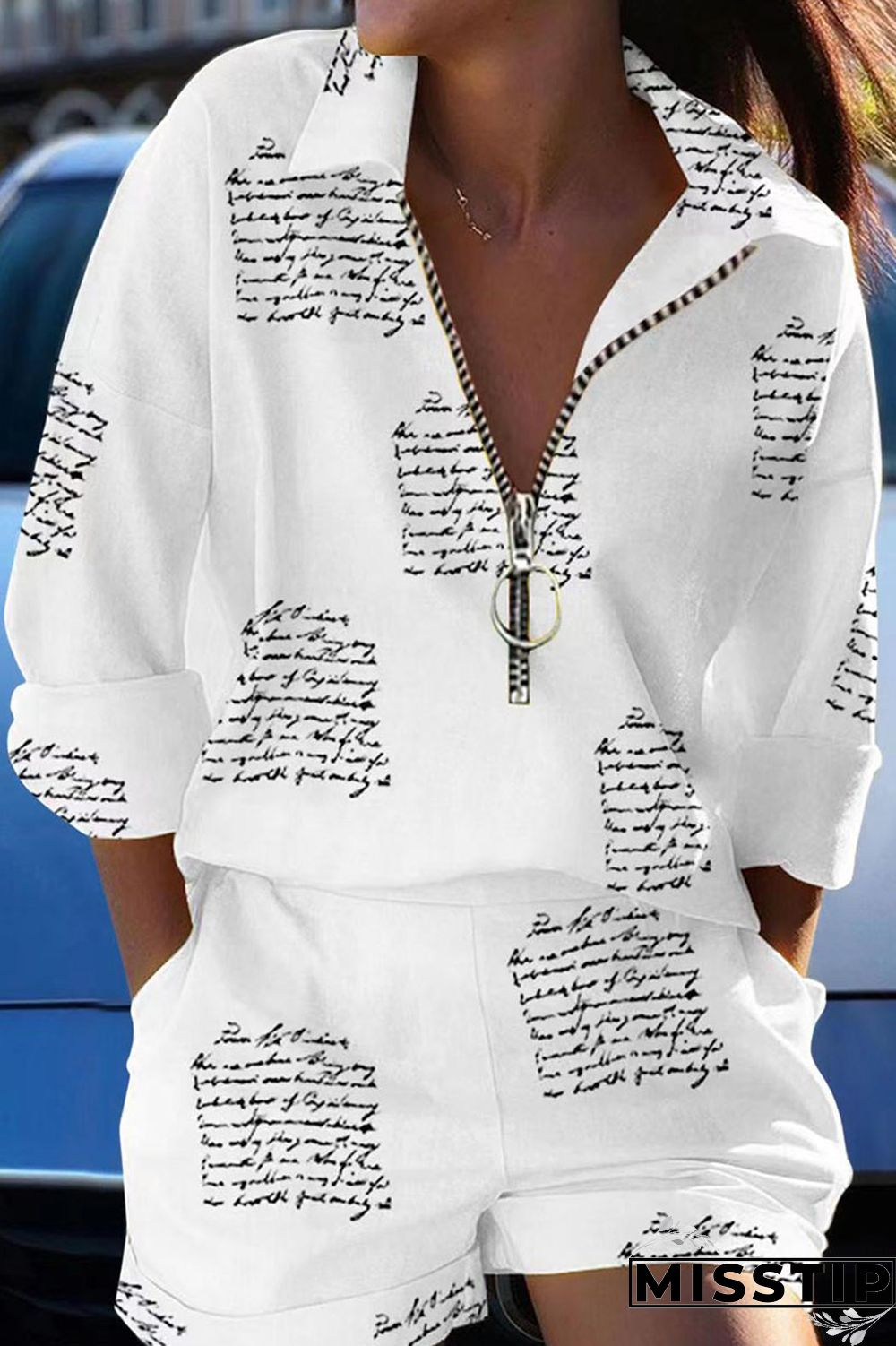 Black Casual Print Patchwork Zipper Turndown Collar Long Sleeve Two Pieces