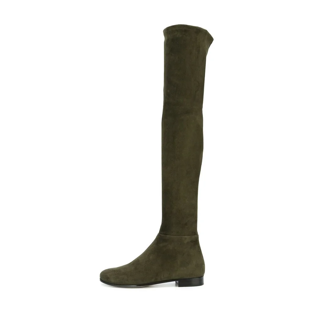 Simple Vegan Suede Chunky Heel Round Toe Over The Knee Boots in Olive