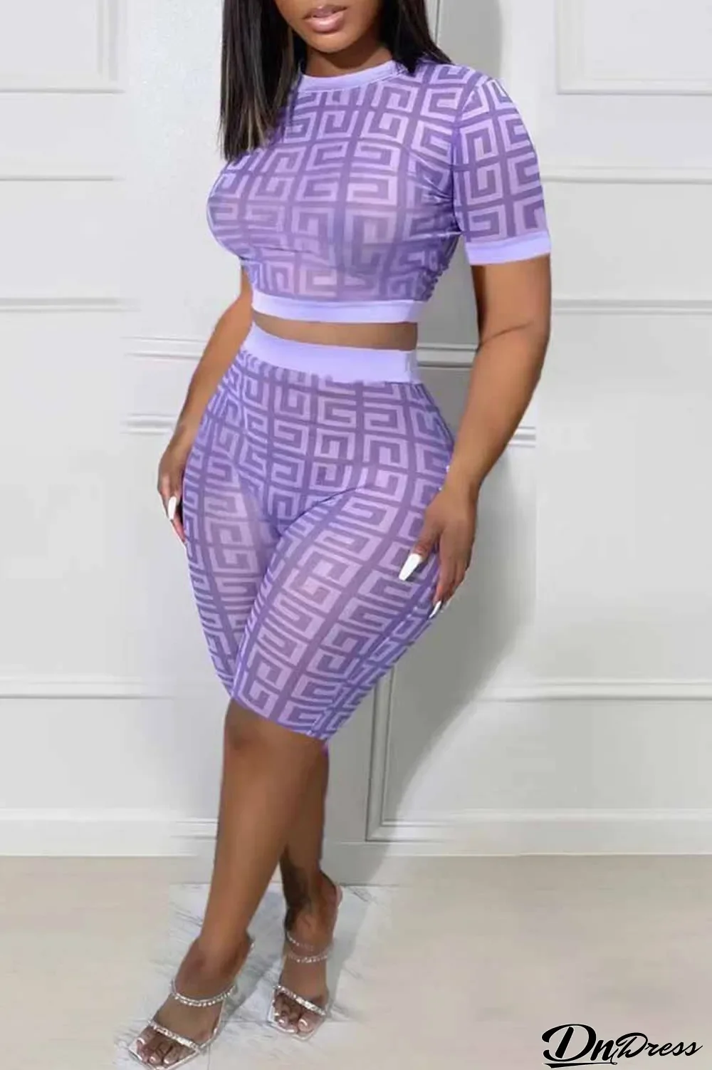 Purple Sexy Street Geometric Patchwork O Neck Short Sleeve Two Pieces