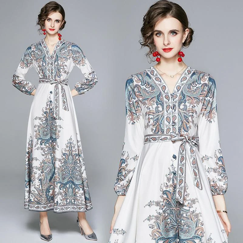 National style print comfortable and breathable long-sleeved dress