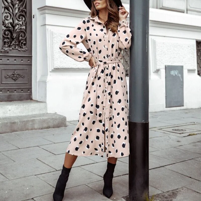 Spring Autumn 2021 New Women Fashion Lapel Long Sleeves Bandage Pencil Dress Eelgant Button Cardigan Polka Dot Slim Summer Dress