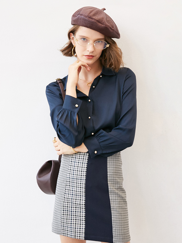 French Design Pearl Button Front Navy Blue Silk Shirt