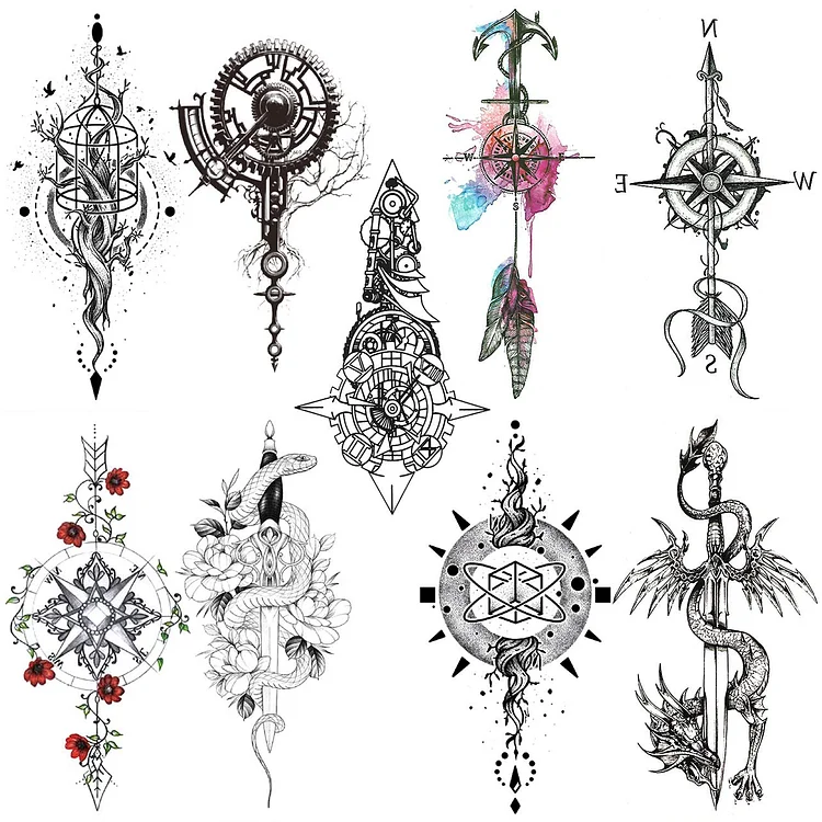 8 Sheets Black Arrow Compass Feather Dragon Anchor Sword Snake Tree Flower Temporary Tattoos for Arm