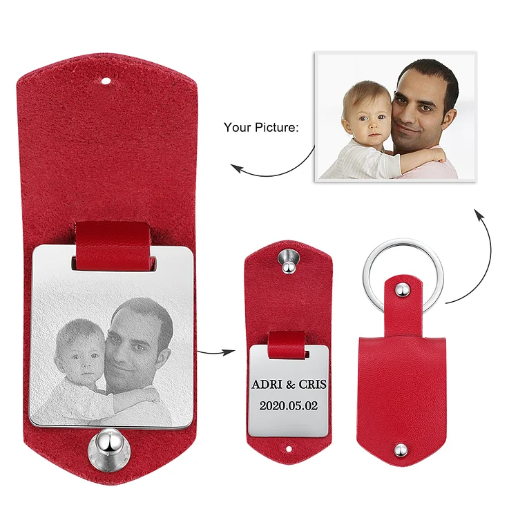 Personalised Photo Keychain with Red Leather Case Custom with Engraving Birthday Gift