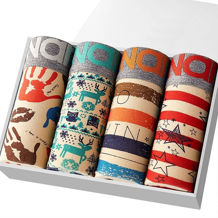 Wlkwo Wlkwo   4Pcs/Lot Men Underwear Cotton Boxer Shorts Print Underpants Comfortable Breathable Lingerie Male Trunk U Convex Panties