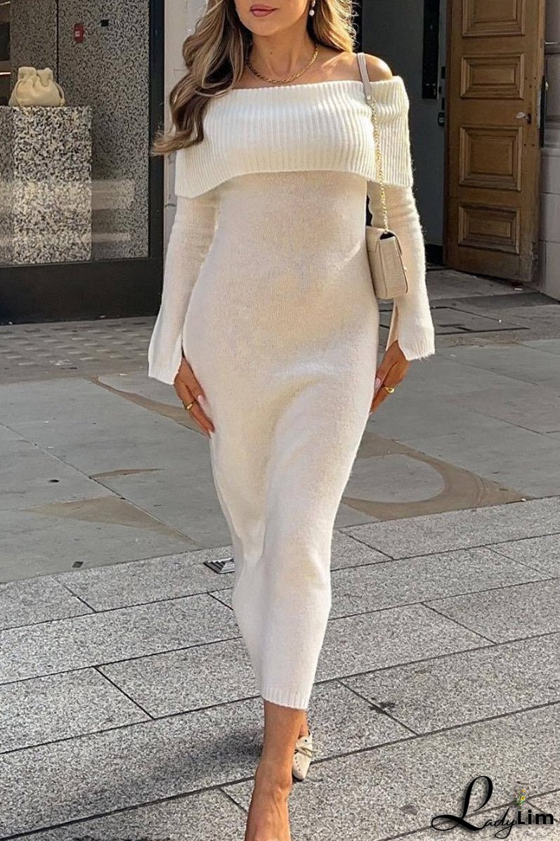 Sexy Solid Hollowed Out Slit Off the Shoulder Long Sleeve Dresses