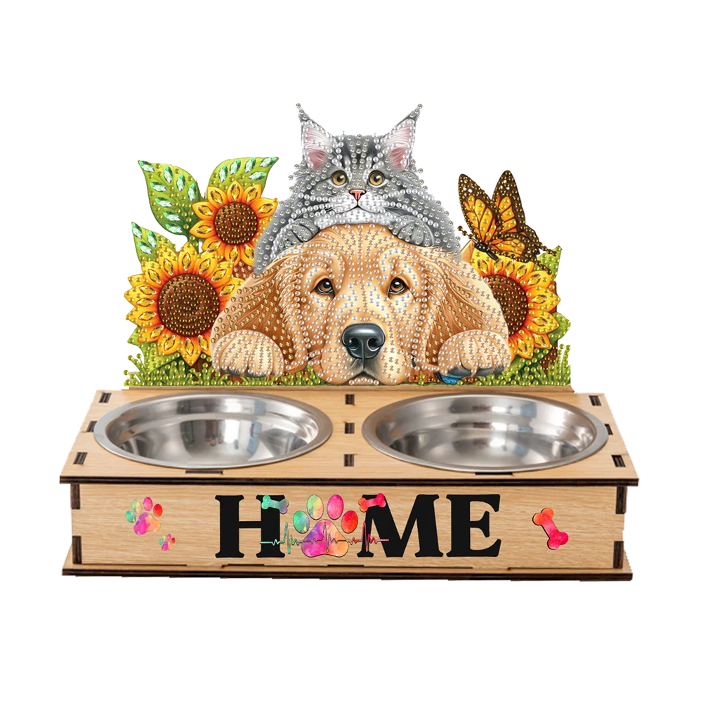 Diamond Painting Food Bowl with Wood Stand Diamond Art Dog Bowl for Small Dogs