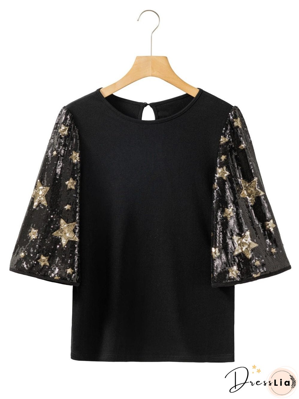 Black Star Sequin Embellished Half Sleeve Knit Top
