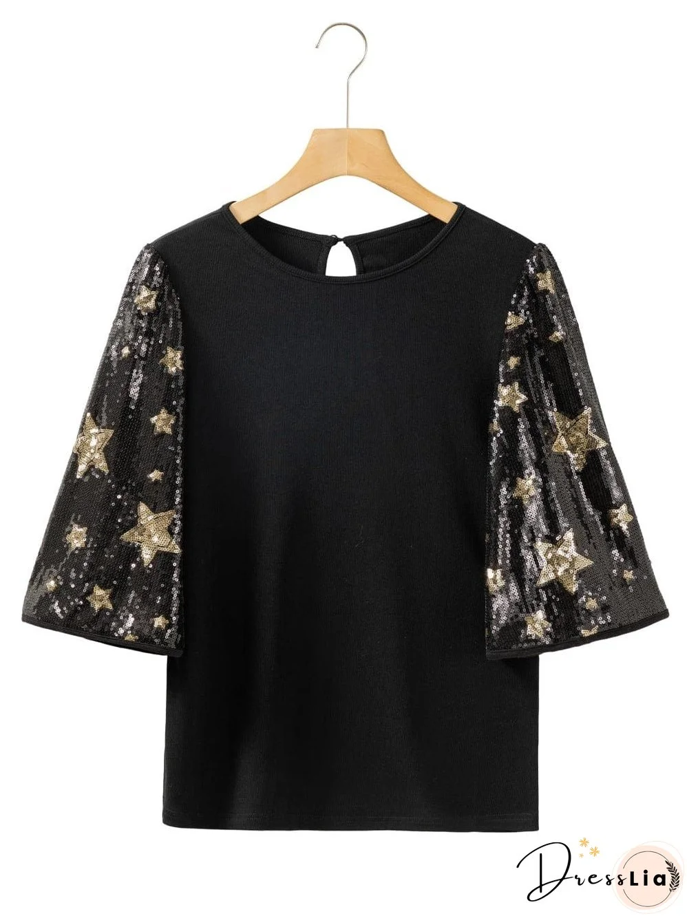 Black Star Sequin Embellished Half Sleeve Knit Top