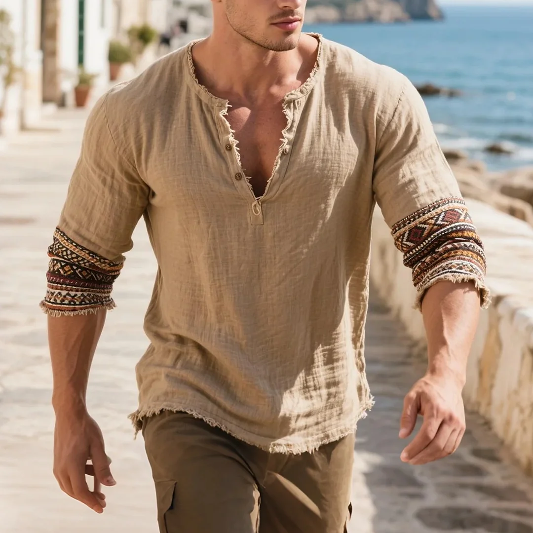  Bohemian Style Henley Shirt with Embroidered Cuffs for Men