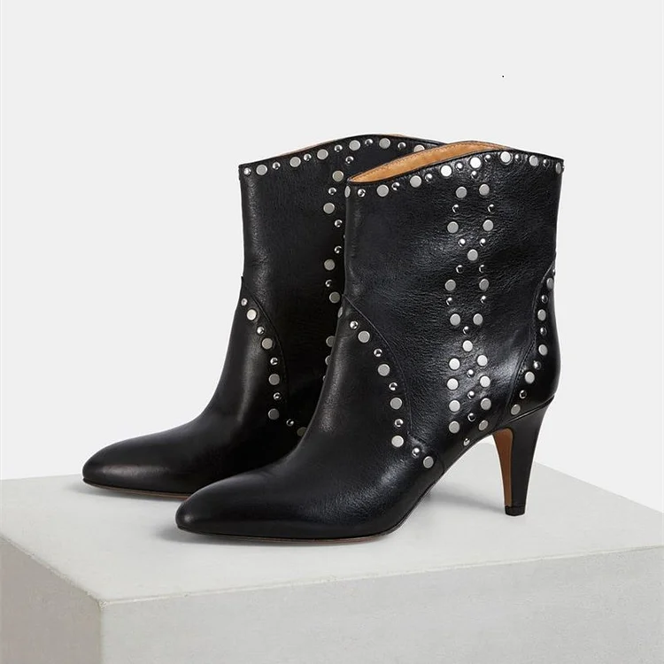 Black Cone Heels Studded Boots  Pointy Toe Ankle Boots |FSJ Shoes