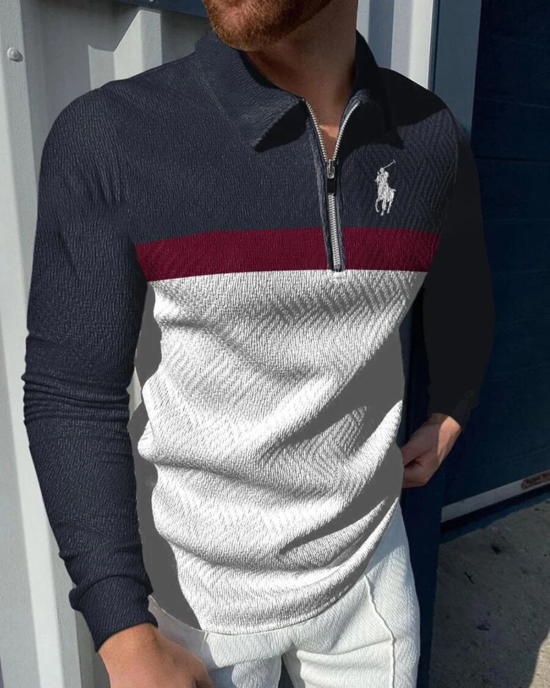 men's casual stitching printing POLO long sleeve