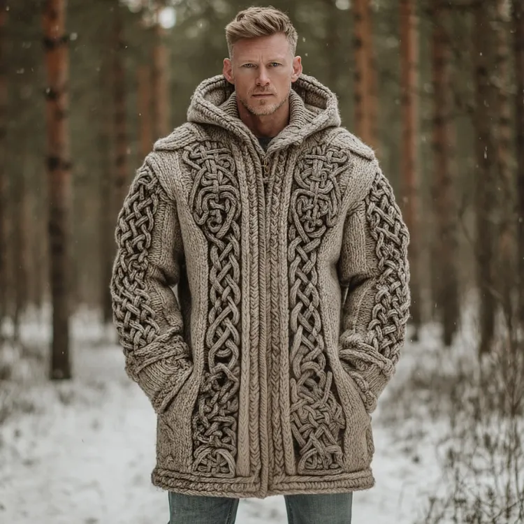 Men's Viking Celtic Pattern Art Cozy Knit Hooded Cardigan