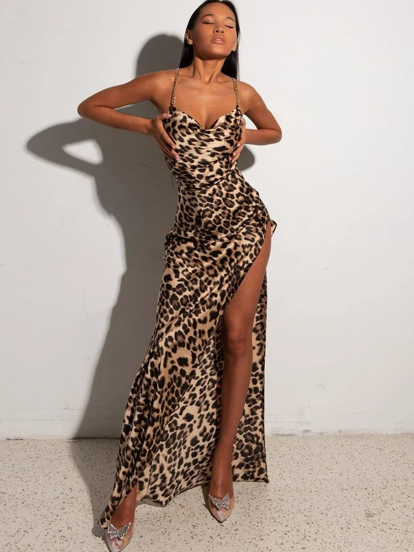 Dulzura Leopard Print Women Chain Strap Side Slit Maxi Dress Backless Bodycon Sexy Streetwear Festival 2022 Evening Elegant