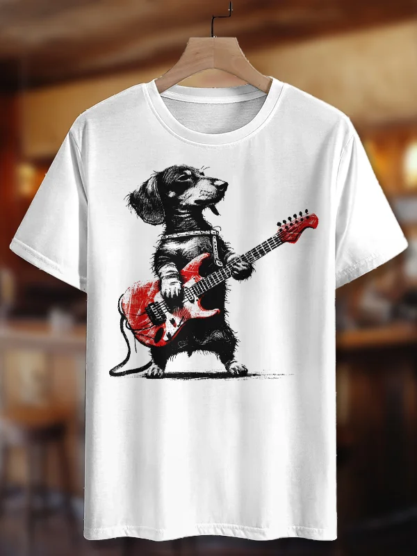100% Cotton Men's Dachshund Playing Electric Guitar Print Casual T-Shirt