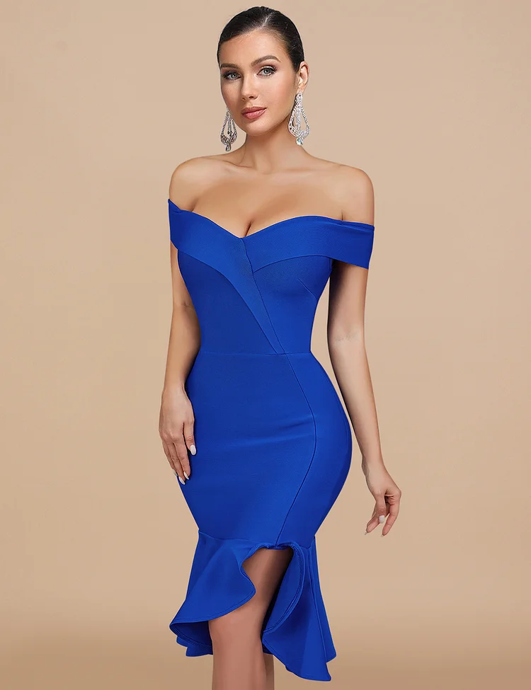Blue Off Shoulder Fishtail Bandage Dress SF629