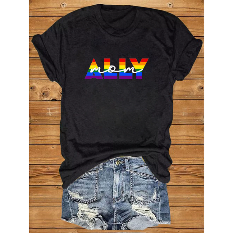 Women's  Ally Mom Rainbow Flag Print T-Shirt socialshop