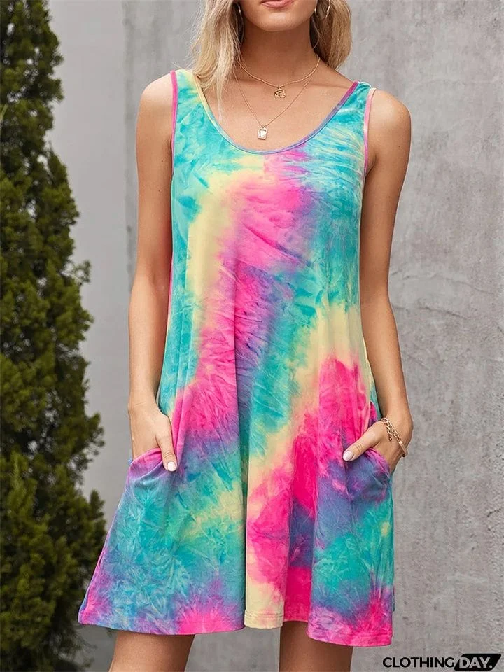 Women's Modish Sleeveless Crewneck Tie-dye Suspender Dress